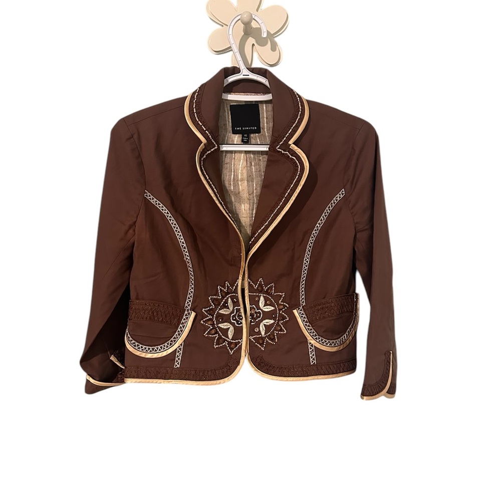 The Limited Brown Blazer Linen Satin Piping‎ Beaded Size XS
